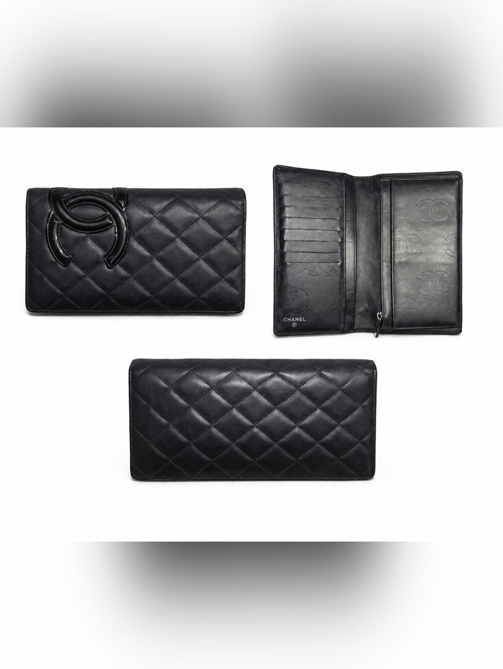 CHANEL Black Quilted Leather Wallet with Logo